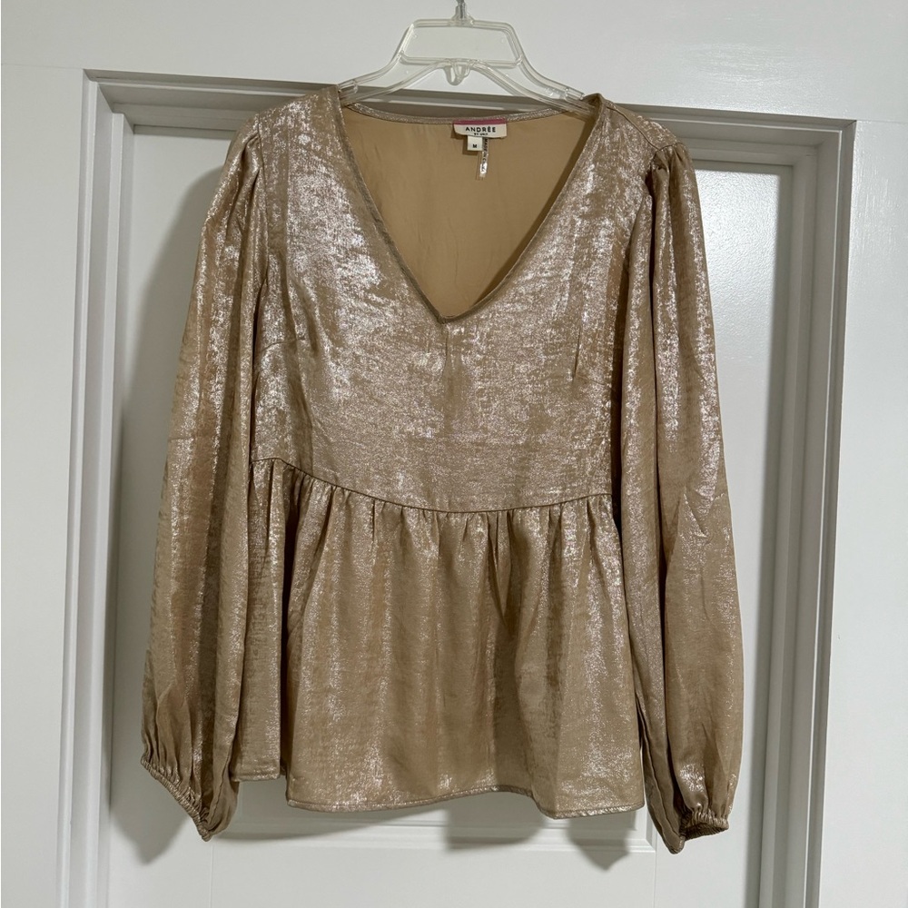 Andree by Unit Gold Babydoll Long Sleeve Shiny‎ holiday party Medium